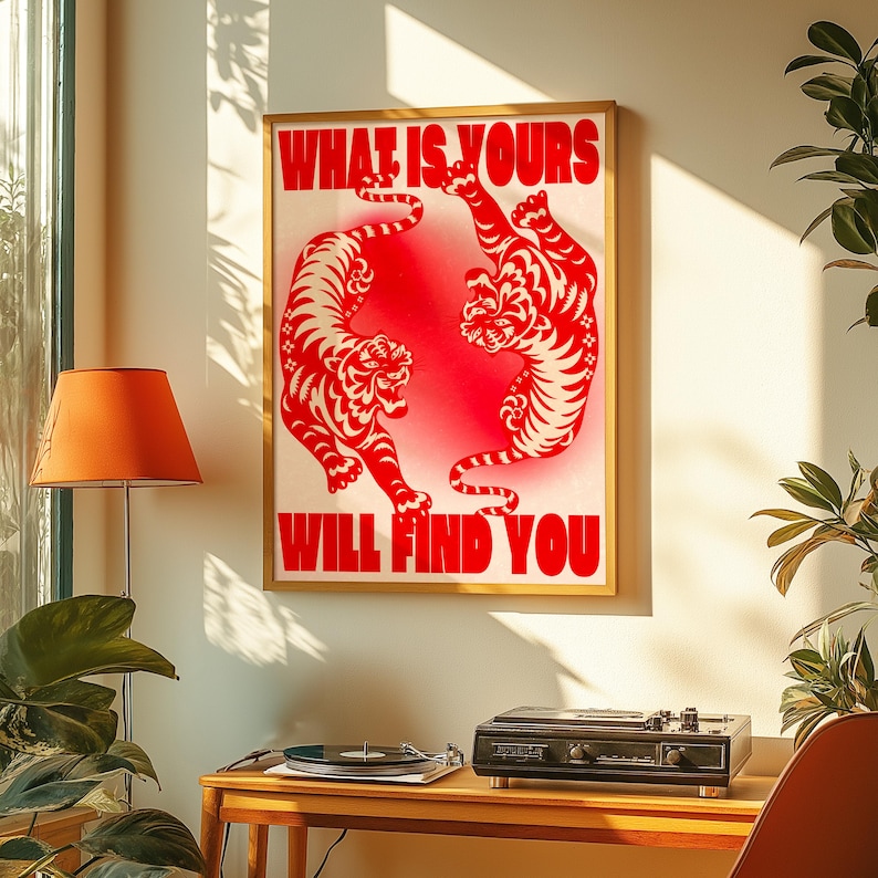 Affirmation Poster, Red Wall Art, Trendy Wall Art, Tiger Poster, Vintage Wall Art, Psychedelic Wall Art, Y2K Apartment Poster, Aesthetic Wall Art, Dopamine Decor, Trippy Art Print, 70s Art Print, Retro Wall Art, Bedroom Wall Decor, Preppy Poster
