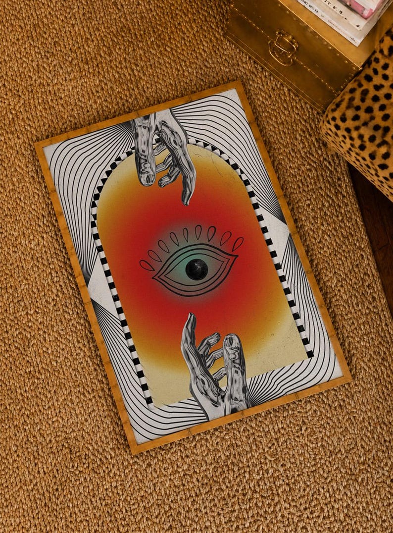 All seeing eye poster featuring a surreal central eye, chrome hands, black-and-white optical lines and a fiery orange gradient in a psychedelic collage style. Display this trippy art print in a living room, bedroom, studio, dorm or eclectic gallery wall to create a bold focal point with graphic movement and retro energy. Designed for collectors of surrealism, optical art and unconventional interiors who enjoy mysterious symbolism, vivid color and artwork that immediately starts a conversation.