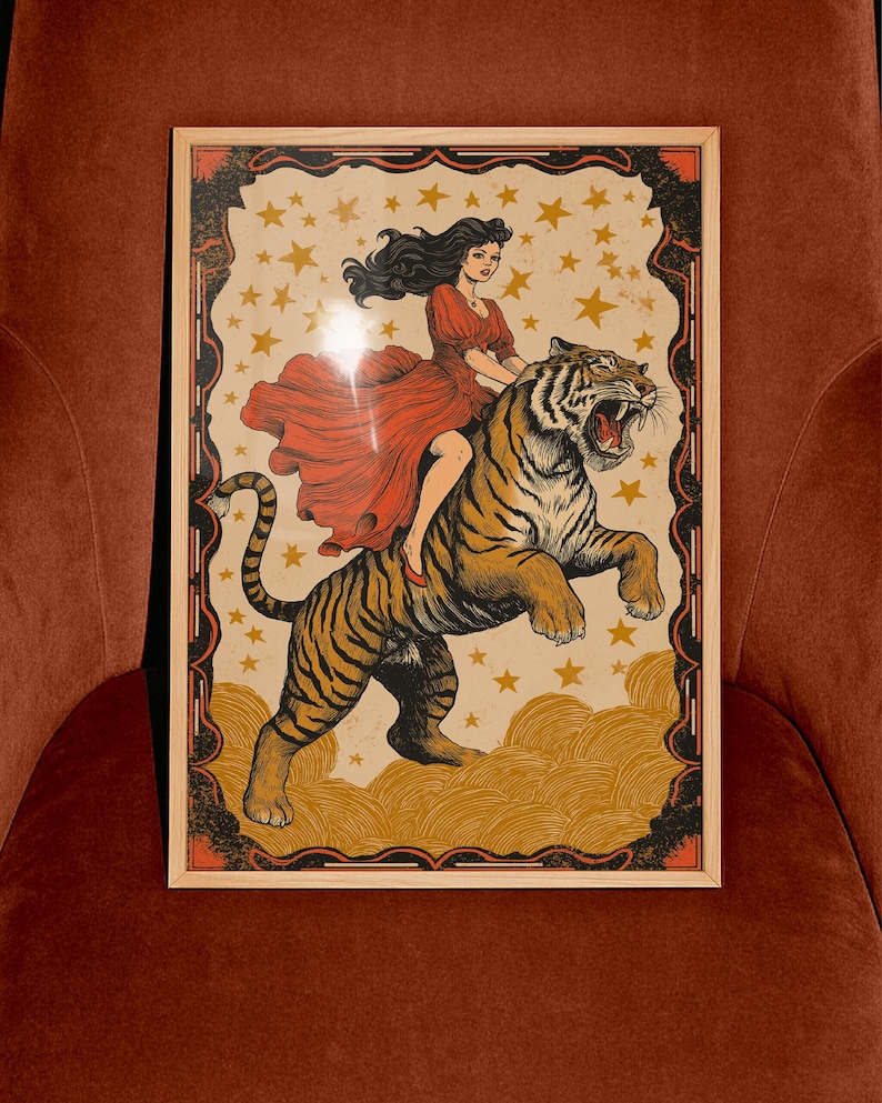 Woman Riding Tiger Print: Vintage Feminine Art, Mystical Power Poster ...