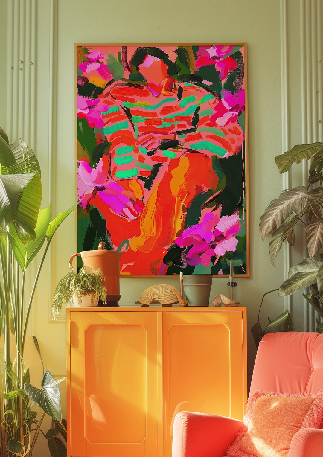 70年代のレトロなフラワープリント、キッチュなウォールアート