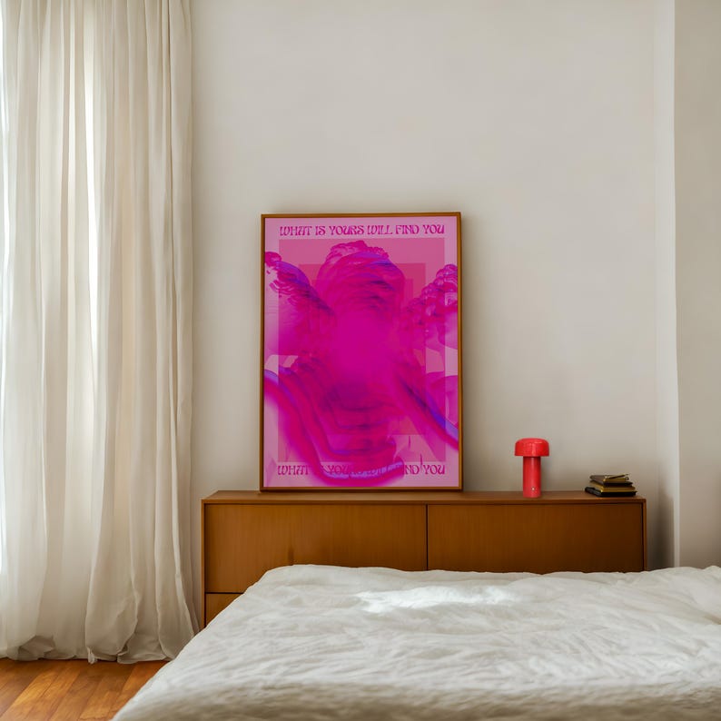 A vibrant hot pink digital art print featuring a distorted Greco-Roman statue head with bold surrealist overlays and repeated silhouettes. The artwork includes the empowering phrase What Is Yours Will Find You in a retro font, evoking a dreamy, psychedelic and self-affirming aesthetic.Psychedelic Art, Bold Pink Poster, Retro Affirmation Art, Modern Pop Art, Hot Pink Decor, Greek Statue Poster, Dopamine Decor, Feminine Power Art, Maximalist Room Art, What Is Yours Quote, Funky Aesthetic Print