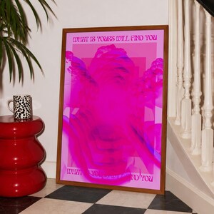 This pink glitch art print layers Greek and Roman statue busts in neon magenta, framed by retro typography and the phrase “What Is Yours Will Find You.” Repeated figures and digital distortion create a bold vaporwave collage with a surreal mood. Made to command attention in a bedroom, living room, studio or maximalist gallery wall, it adds electric color and bold attitude. A striking choice for collectors of classical sculpture, dopamine decor, Y2K graphics and uplifting quote posters.