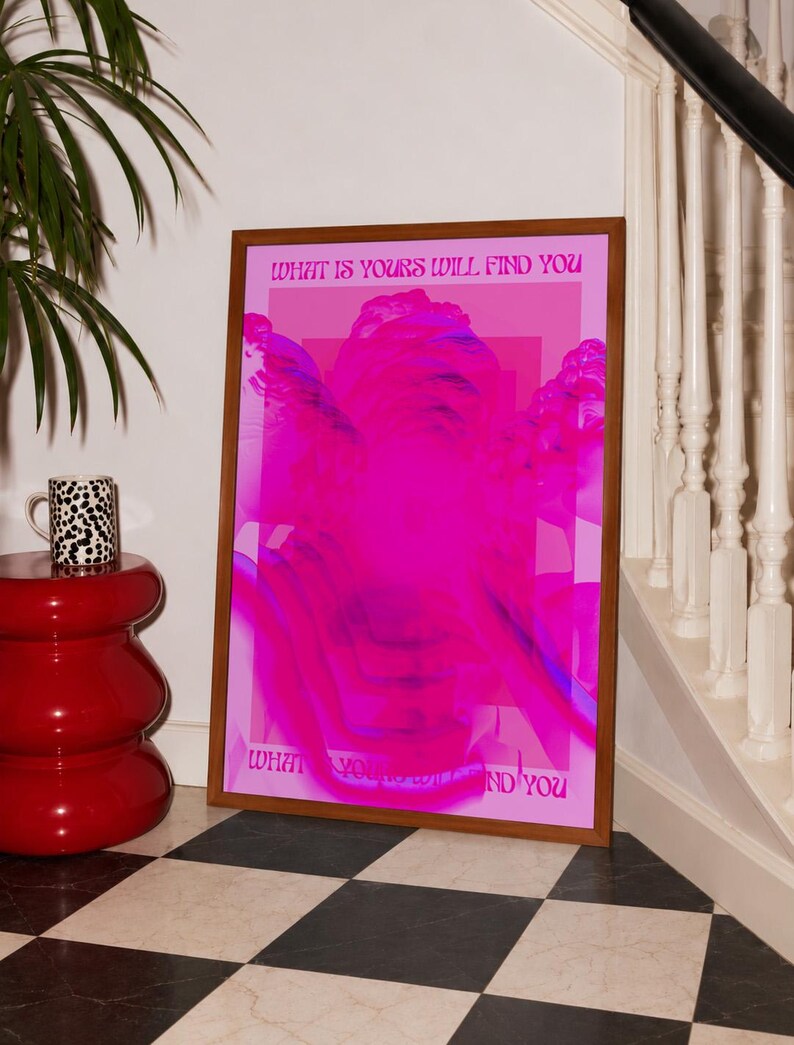 This pink glitch art print layers Greek and Roman statue busts in neon magenta, framed by retro typography and the phrase “What Is Yours Will Find You.” Repeated figures and digital distortion create a bold vaporwave collage with a surreal mood. Made to command attention in a bedroom, living room, studio or maximalist gallery wall, it adds electric color and bold attitude. A striking choice for collectors of classical sculpture, dopamine decor, Y2K graphics and uplifting quote posters.