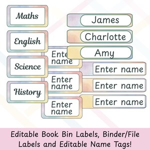 May include: Editable book bin labels, binder/file labels, and editable name tags. The labels are colourful and have a watercolour effect. The labels are designed for school supplies and include subjects like Maths, English, Science, and History. The name tags are blank and can be personalised.