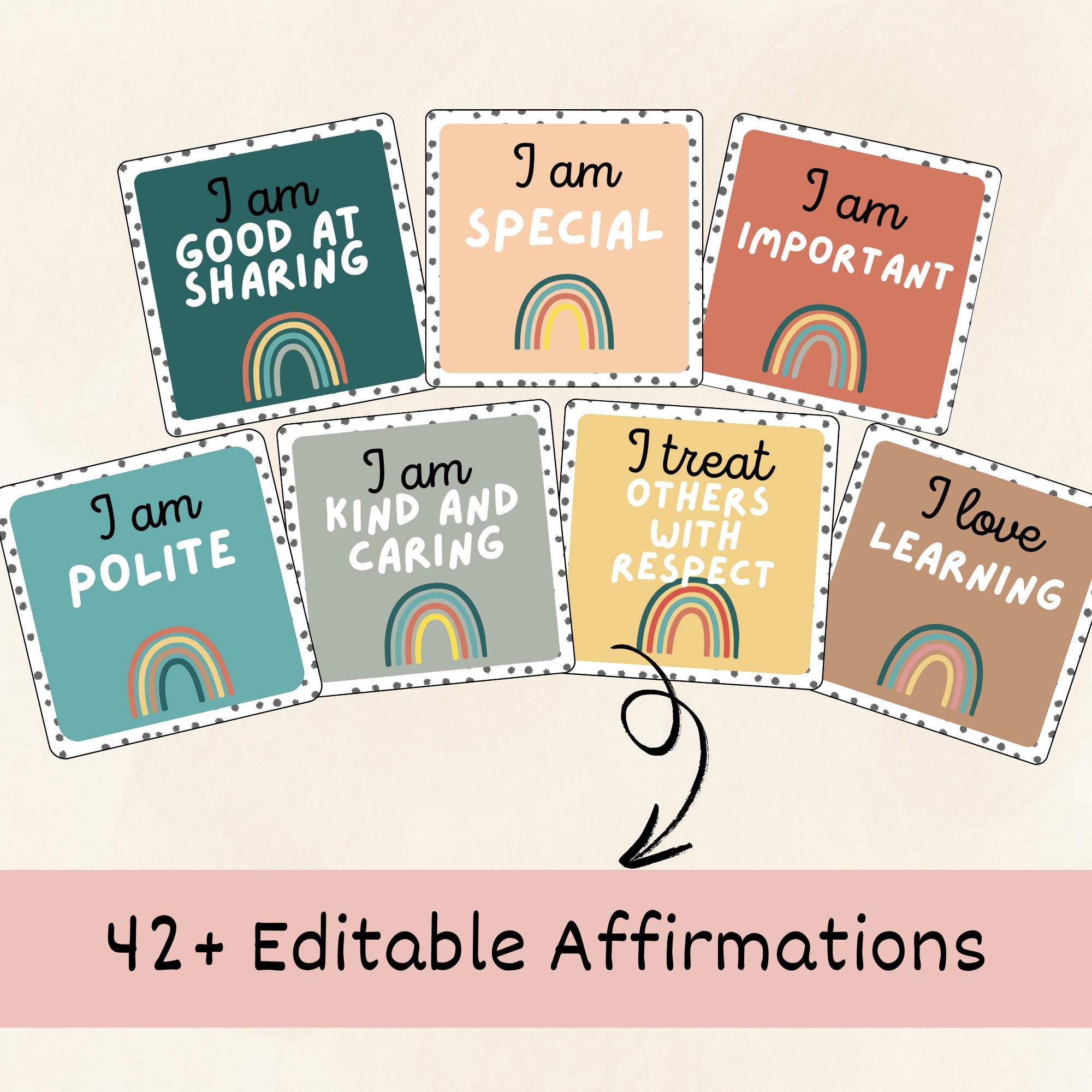 Editable Classroom Affirmations Retro Boho Rainbow Printable Positive ...