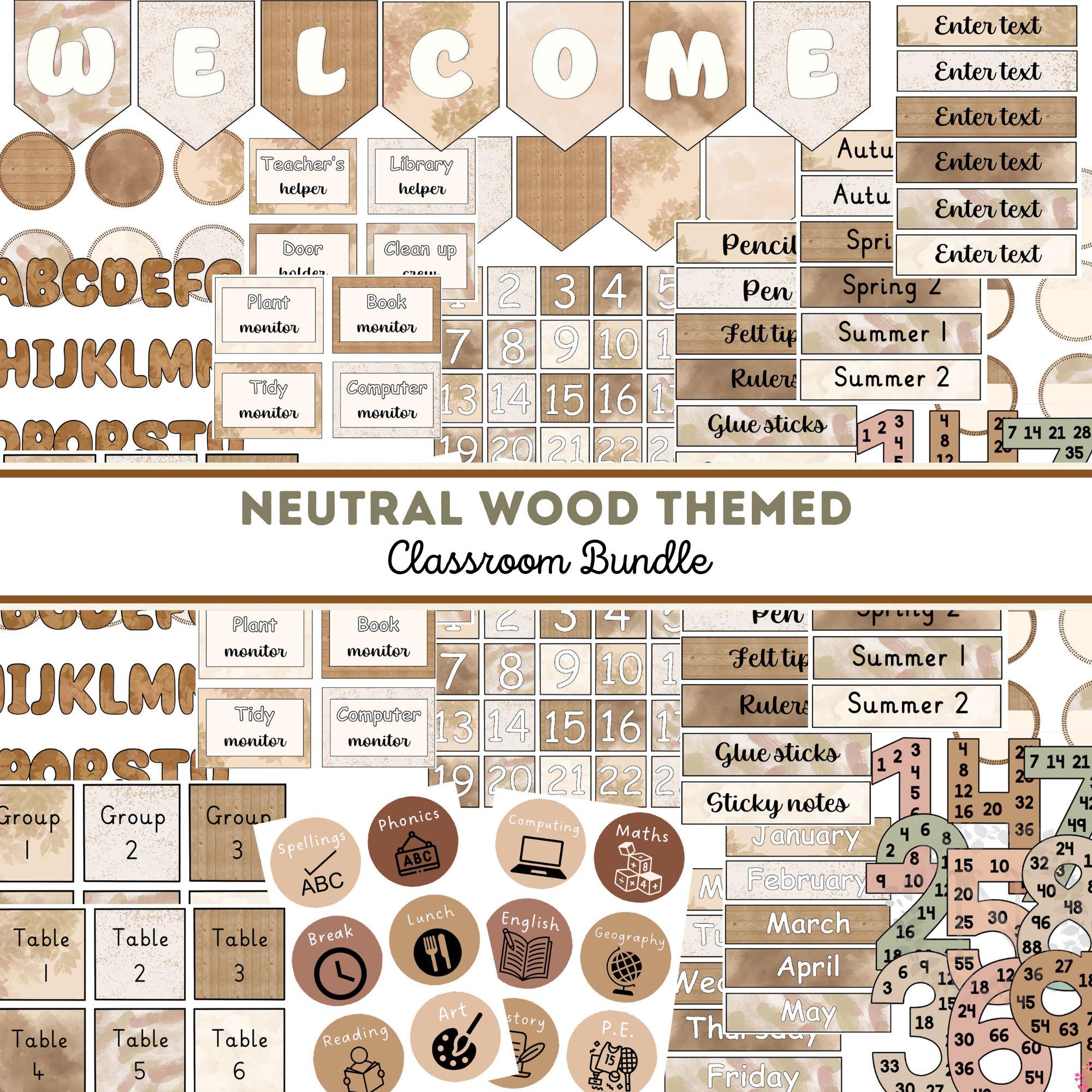 Wood Nature theme Classroom Decor Bundle Editable bulletin board Decoration display neutral Minimal  labels lettering digital modern