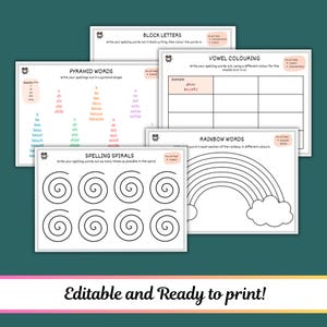 May include: A collection of printable educational worksheets for spelling practice. The worksheets include activities for block letters, pyramid words, vowel coloring, rainbow words, and spelling spirals. The text "Editable and Ready to print!" is at the bottom.