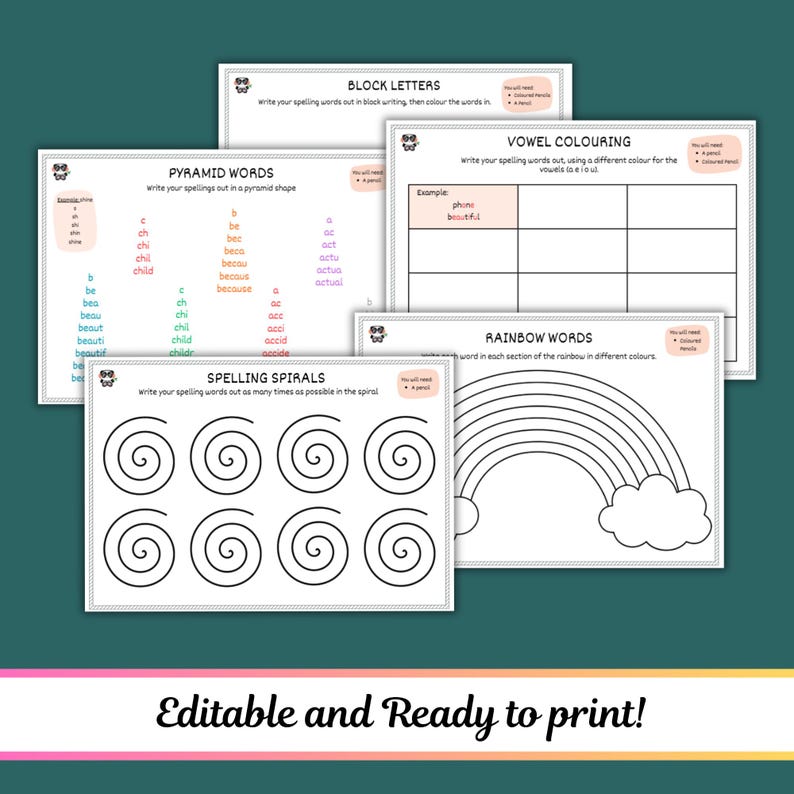 May include: A collection of printable educational worksheets for spelling practice. The worksheets include activities for block letters, pyramid words, vowel coloring, rainbow words, and spelling spirals. The text "Editable and Ready to print!" is at the bottom.