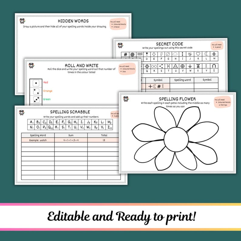 May include: A collection of printable educational worksheets for spelling practice. The worksheets include activities like hidden words, secret code, spelling scrabble, and a spelling flower. The text "Editable and Ready to print!" is at the bottom.