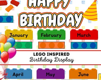 May include: A colorful "Happy Birthday" display with Lego-inspired blocks, each labeled with a month. The design includes a party hat, balloons, and the text "Lego Inspired Birthday Display."