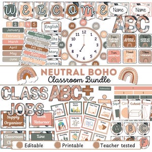 May include: A neutral boho classroom bundle featuring banners, a clock, ABCs, and job charts. The design includes a clock, calendar pieces, and positive affirmation cards. Text includes "Welcome", "ABC", "Jobs", and "Neutral Boho Classroom Bundle".