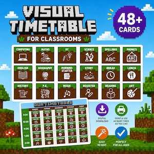 May include: A visual timetable for classrooms with a Minecraft-style design. The image features 48+ cards with subjects like Maths, English, and Science. A smaller timetable shows a daily schedule. Includes digital download and print options.