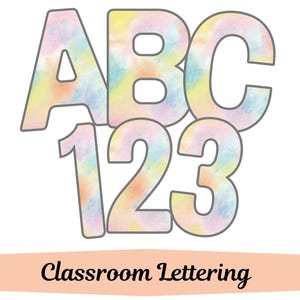 May include: A set of colorful tie-dye letters and numbers, perfect for classroom decorations. The letters are A, B, and C, and the numbers are 1, 2, and 3. The letters and numbers are outlined in gray and have a tie-dye pattern in shades of pink, blue, yellow, and orange.