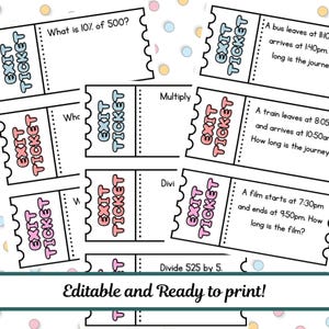 Puede incluir: Una colección de hojas de trabajo coloridas estilo ticket de salida con problemas de matemáticas. Cada ticket presenta una pregunta o problema único, como "¿Qué es el 10% de 500?" y "Divide 525 entre 5." El texto "Editable and Ready to print!" también es visible.