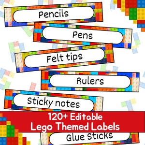 Blocks Lego Themed Tablett, Rollwagenetiketten, 120 bearbeitbare druckbare Boxetiketten lebendige Organisation des Klassenzimmers Sofortiger Download anpassbar