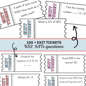 Op de afbeelding: Een verzameling kleurrijke exit tickets met wiskundevragen. De tickets hebben een roze rand en de woorden "EXIT TICKET" zijn erop gedrukt. De vragen omvatten vermenigvuldigen, breuken en afronden. De tekst "100 + EXIT TICKETS KS2 SATs questions" is ook zichtbaar.