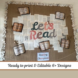 Może przedstawiać: Tablica ogłoszeń z jutowym tłem, ozdobiona stronami z książek i różnymi ozdobami. Słowa "Let's Read" są wyraźnie widoczne, wraz z kartami z cytatami. Widoczne jest również wyrażenie "Reading Champions".