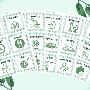 Horaire visuel botanique nature feuillue cartes pour l'emploi du temps des cours convivial pour les SEN simple esthétique neutre affichage de la classe téléchargeable