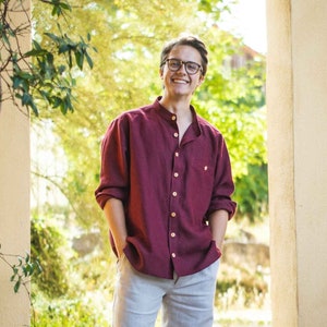 Linen shirt Stand-up collar shirt Men's shirt Button-down shirt, shirt with breast pocket