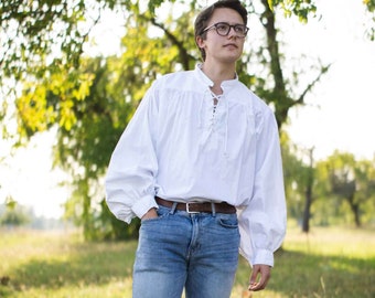 Stand-up collar shirt made of lightweight cotton, white, natural, casual shirt, shirt with lacing at the hem, buttoned cuff at the wrist