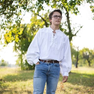 Stand-up collar shirt made of lightweight cotton, white, natural, casual shirt, shirt with lacing at the neck, buttoned cuffs at the wrist