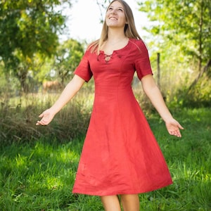 Short-sleeved linen dress, casual dress, 3/4-length dress, dress with lacing at the neckline and back lacing &quot;Annika&quot;