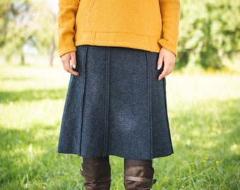 Midi wool skirt, mid-length wool skirt, skirt made of 100% virgin wool with jersey waistband, mulesing-free