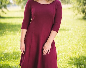 A-line dress, midi dress in virgin wool, wool dress, 3/4 sleeve dress, knee-length dress, warm dress, sweater dress
