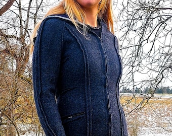 Fashionable hooded jacket made of virgin wool, jacket with zipper, jacket with pockets, figure-hugging jacket, hoodie jacket "Nele"