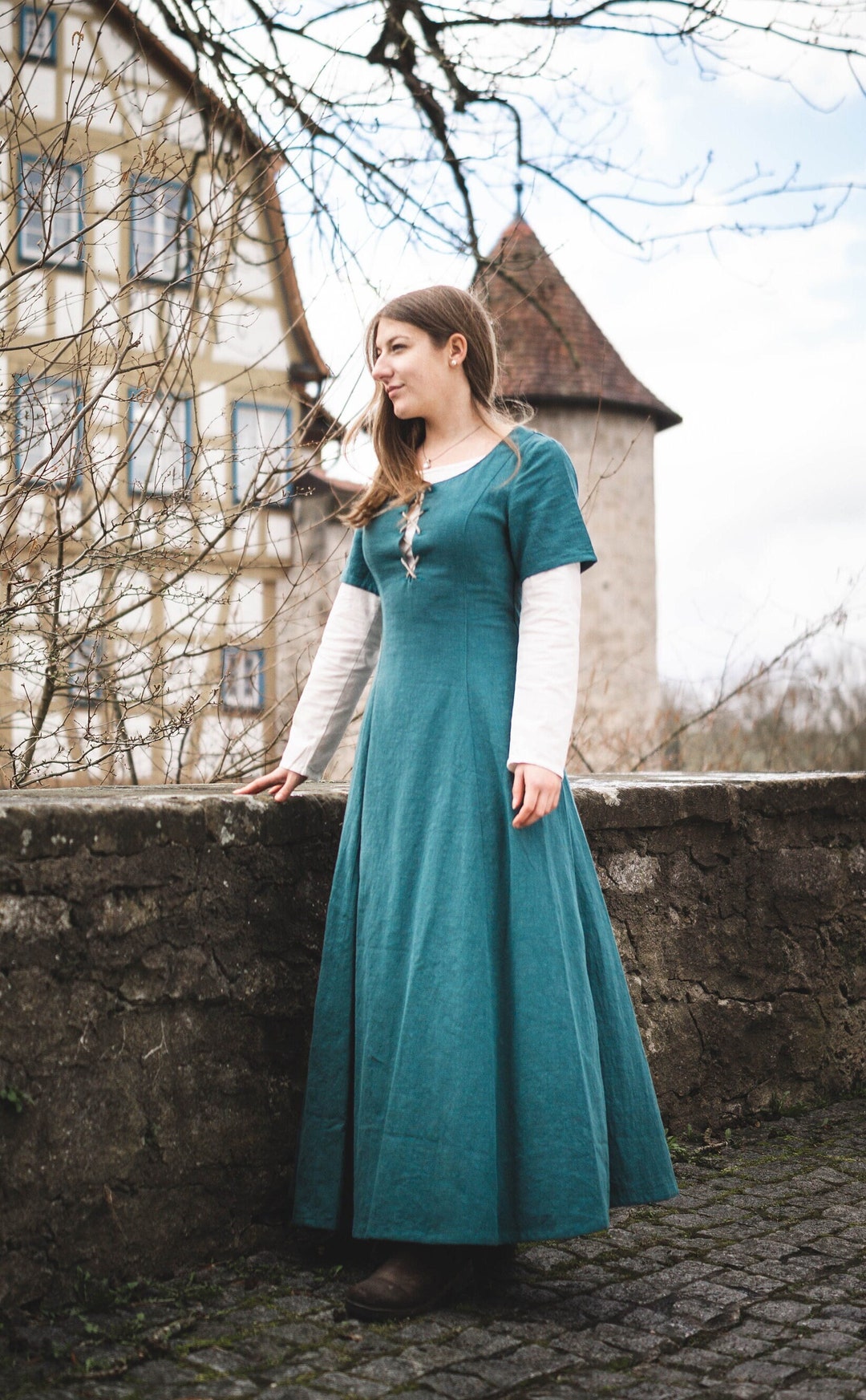 Robe en lin à manches courtes, longueur au sol, longueur cheville