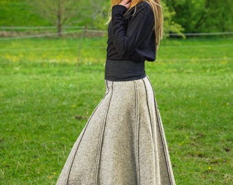 Model "Theresa", long wool skirt with jersey waistband, made of 100% virgin wool, boiled wool fabric