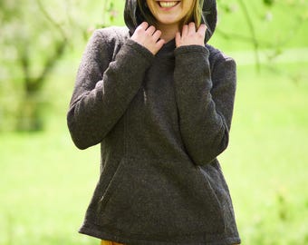 Women's wool hoodie, hooded sweatshirt, wool sweater, pullover with kangaroo pocket, pull-on sweater