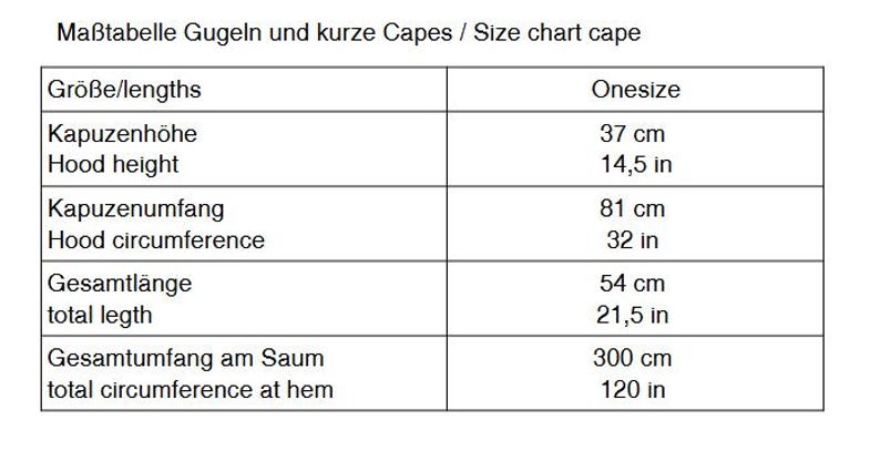 May include: A size chart for capes and hoods with the title Ma&szlig;tabelle Gugeln und kurze Capes / Size chart cape. It lists onesize measurements: hood height 14.5 in, hood circumference 32 in, total length 21.5 in, and total circumference at hem 120 in.