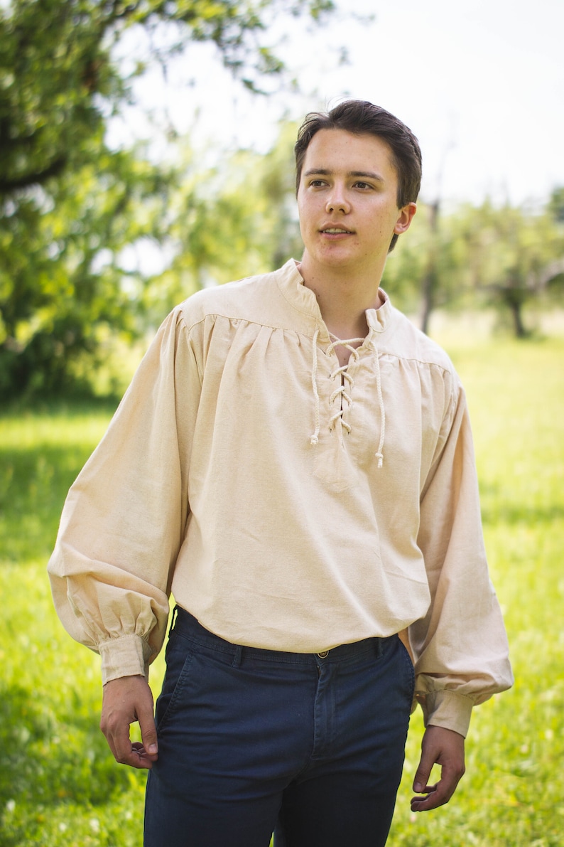 Stand-up collar shirt made of medium-weight cotton, model Konrad Beige