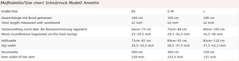 May include: Size chart for Schn&uuml;rrock Modell Annette skirt, with measurements in inches and centimeters. Includes sizes XS, S-M, and L, detailing total length, waist circumference, hip width, and hem width.