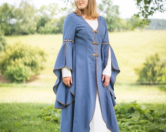 Vestido de lino, vestido medieval, prenda histórica, vestido con mangas de cola, sobrevestido de lino, vestido con lazada en la espalda