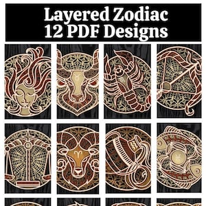 Macchina laser PDF, file di taglio, 12 x design a strati per oroscopi zodiacali, design 219