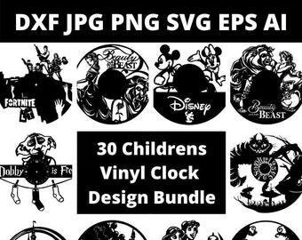 DXF SVG PNG Laser Router Templates 30 x Kids Vinyl Clock Design Bundle Design 185