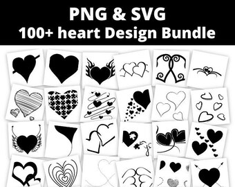 May include: A collection of 100+ black and white heart designs in PNG and SVG format. The designs include various styles, such as simple hearts, hearts with wings, hearts with swirls, and hearts with geometric patterns.
