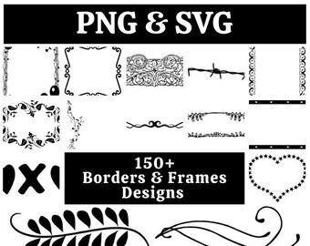 Könnte beinhalten: Eine Sammlung von über 150 schwarzen und weißen Rahmen- und Bordurendesigns im PNG- und SVG-Format. Die Designs umfassen florale, geometrische und abstrakte Muster.