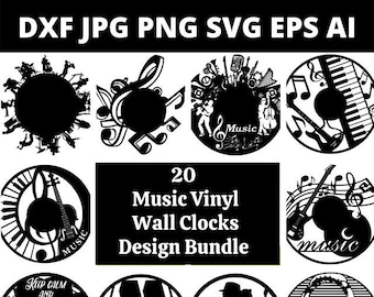 DXF SVG PNG Laser Machine Template Design Bundle 20 x Generic Music Vinyl Clock Design Bundle Design 197