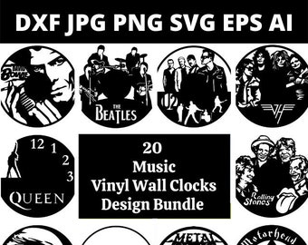 DXF SVG PNG Laser Machine 20 x Iconic Music Vinyl Wall Clock Design Bundle Templates Design 200