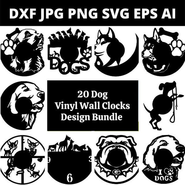 DXF SVG PNG Laser Router Fichiers de découpe 20 x Dog Vinyl Clock Design Bundle 204