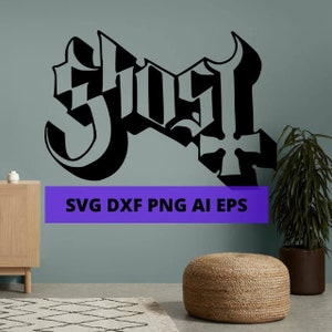 May include: Black and white graphic design of the word "Ghost" with a cross symbol. The design is on a light gray wall with a light gray rug and a woven ottoman in front of it.