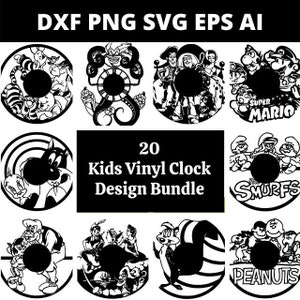 Modèles de routeur laser DXF SVG PNG 20 horloges en vinyle pour enfants, conception de lot 216