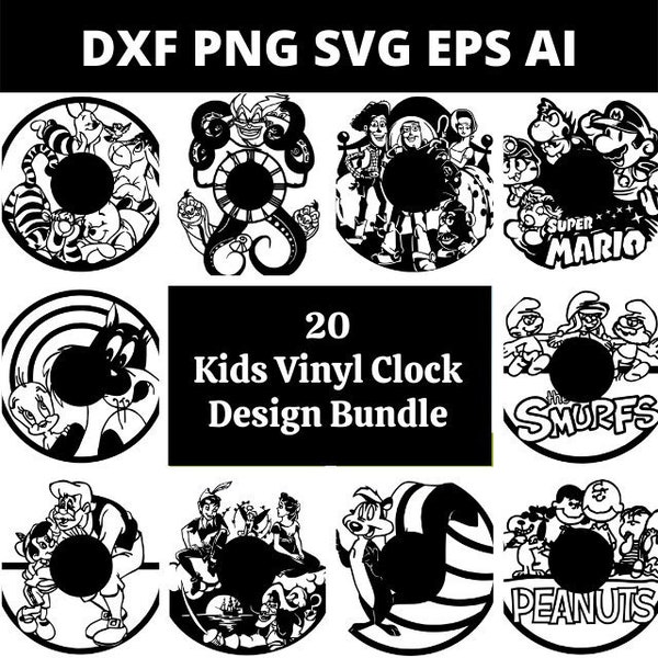 DXF SVG PNG Modèles de routeur laser 20 x Kids Vinyl Clock Design Bundle Design 216