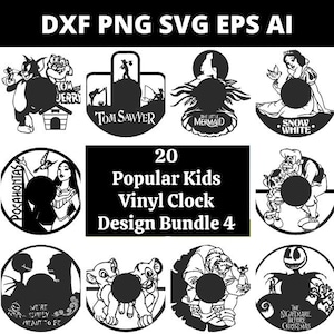 Szablony do routera laserowego DXF SVG PNG 20 x Pakiet projektów zegarów winylowych dla dzieci 4 projekty 218