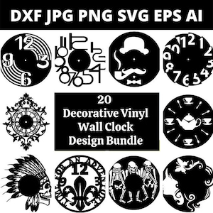 May include: A set of 20 black and white decorative vinyl wall clock designs. The designs include a clock face with Roman numerals, a clock face with Arabic numerals, a clock face with a fleur-de-lis, a clock face with a teapot and teacups, a clock face with a man in a hat, a clock face with a Native American headdress, and a clock face with a skeleton. The text "20 Decorative Vinyl Wall Clock Design Bundle" is displayed in the center of the image.