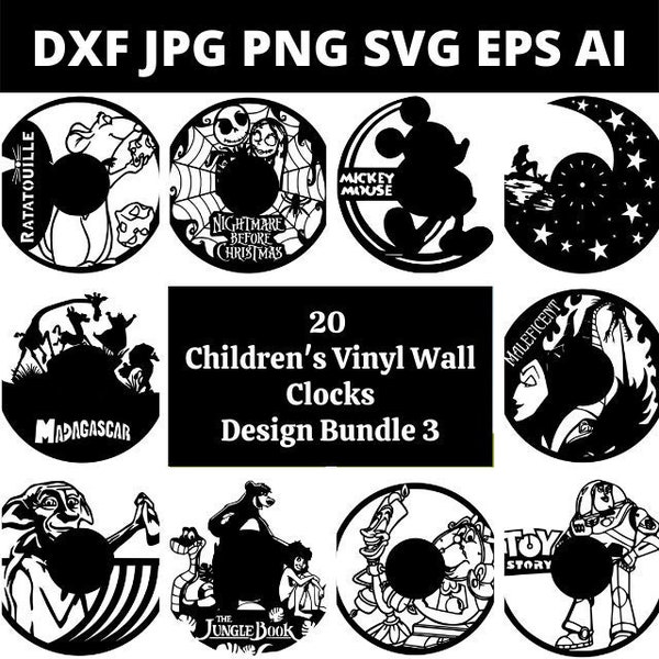 DXF SVG PNG Laser Machine Cutting Files 20 x Kids Vinyl Clock Design Bundle 3 Design 190