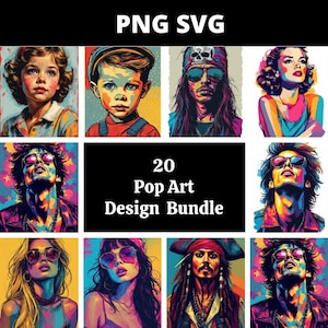 May include: A collection of pop art designs featuring portraits of children, musicians, and celebrities. The images are vibrant with bold colors and graphic details. The text "PNG SVG" and "20 Pop Art Design Bundle" are displayed.